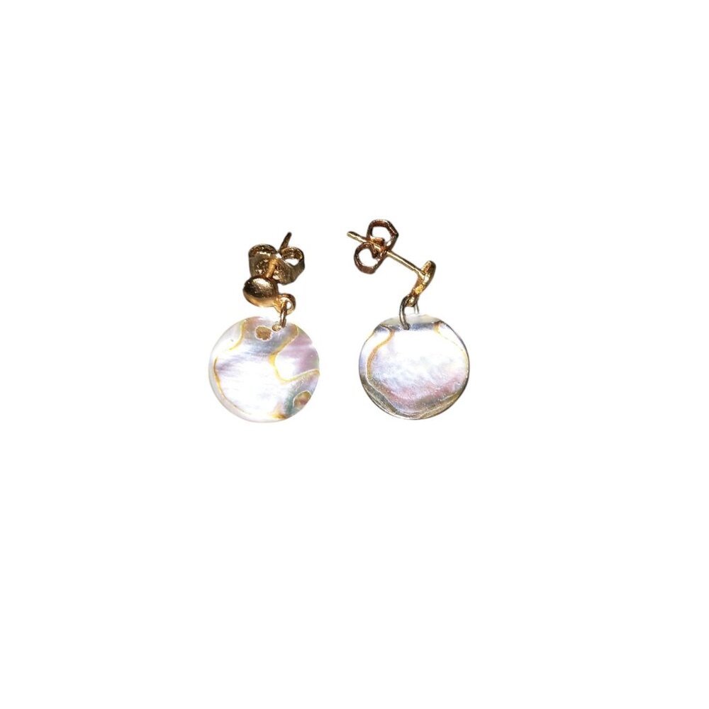 Vintage Abilone Pierced Ear Earrings 1/2" Inch Disc Good Condition Clean